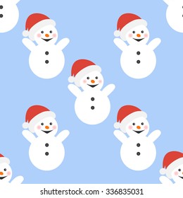 Seamless pattern snowman  on a beautiful blue background