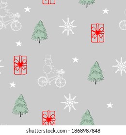 Patrón sin foco, muñeco de nieve en bicicleta, árbol y copos de nieve en fondo gris