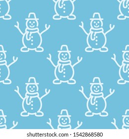 Seamless pattern with snowman on blue background. Vector texture.