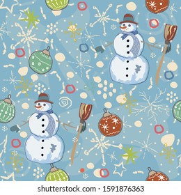 Seamless Pattern with snowman on blue background. Vector Illustration