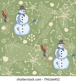 Seamless Pattern with snowman on green background. Vector Illustration