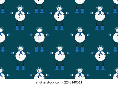 Seamless pattern with snowman on long legs made of branches in felt boots, gloves, scarf with snowflakes hair on blue background. Website banner. Wallpaper and bed linen print.