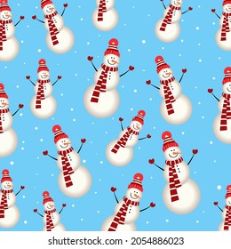 Seamless pattern with snowman on is a medium light shade of cyan background . Design for wrapping, fabric, print. Vector illustration.