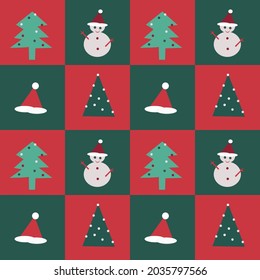 Seamless pattern of a snowman and pine tree on green and red color box background. Vector design. For textile or printing or paper, wrap use. Greeting on Merry  Christmas and happy new year's concept.