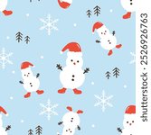 Seamless pattern with snowman, red hat, shoes, pine tree and snowflakes on blue background vector.