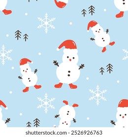 Seamless pattern with snowman, red hat, shoes, pine tree and snowflakes on blue background vector.