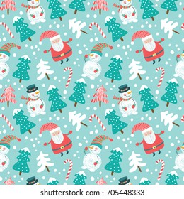 Seamless pattern with a snowman, Santa Claus and Christmas trees.
