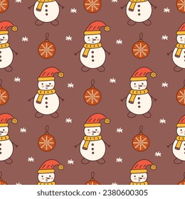 Seamless pattern with snowman in scarf and red hat and glass red Christmas ball with snowflake. Colorful vector illustration doodle hand drawn. New Years symbol, holiday element, print for background