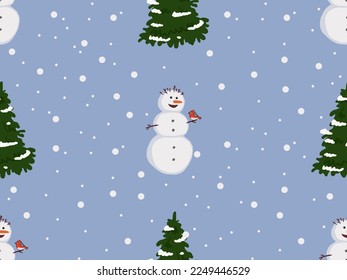 Nahtloses Muster mit Schneemann und einer kleinen Stierfinke auf der Hand mit grünen Bäumen auf hellblauem Hintergrund. Childische Illustration. Stoffdruck. Vektorgrafik.