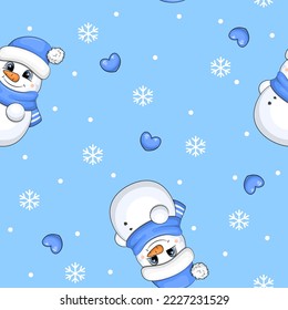Seamless pattern with snowman, snowflakes, hearts and white dots. Winter or christmas vector illustration isolated on blue background.