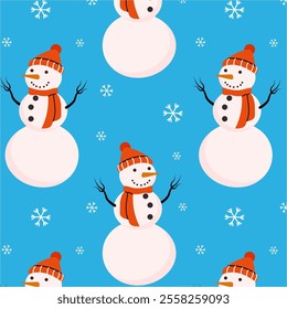 Seamless pattern with snowman and snowflakes on a blue background. Festive winter background for design. Vector illustration in flat style.