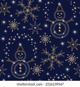 Seamless pattern with snowman, snowflakes, stars made of jewelry gold, silver chains, shiny ball beads. Small sparkles on deep blue background