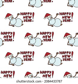 Seamless pattern with snowman with text Happy New Year on white background. Vector image.