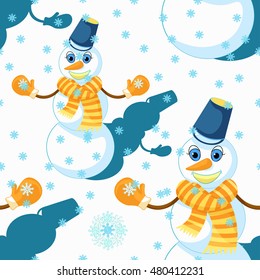 seamless pattern with a snowman wearing a scarf, mittens, and a bucket vector illustration