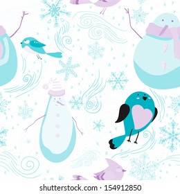 seamless pattern with snowmen, birds, snowflakes