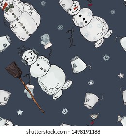 Seamless pattern with snowmen, buckets and snowflakes in white, blue and grey on background in vintage style for custom design.