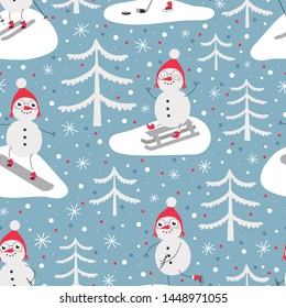 Seamless pattern with snowmen by sport. Snowman on skateboard, snowman ice hockey player, snowman ice skating and snowman skiing.
