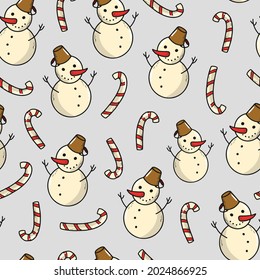 Patrón sin foco con hombres de nieve y latas de dulces sobre fondo gris claro. Es bueno para el papel de envoltura de navidad, papel pintado, reserva de recortes, impresiones textiles, papel digital, etc. EPS 10