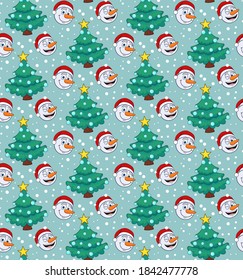 seamless pattern with snowmen and christmas tree. vector stock illustration