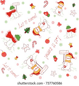 Seamless pattern with snowmen, christmas tree, mittens, stars ans candies. Inscription - Let it snow