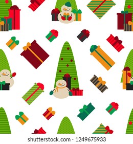 Seamless pattern of snowmen, christmas trees and gift boxes vector
