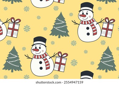 Seamless pattern with snowmen, Christmas trees, wrapped presents, snowflakes, yellow background. Flat festive design. For holiday wrapping paper and wallpaper