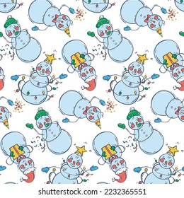 Seamless pattern with snowmen with colored lights, sparklers and gifts. Cute character design. Christmas vector background. Festive vector illustration.