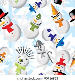 Seamless pattern with snowmen in different outfits