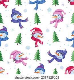 Seamless pattern with snowmen. For fashion print, wallpaper, packaging and other design.