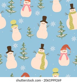 Seamless pattern with snowmen, fir trees and snowflakes. Vector graphics.