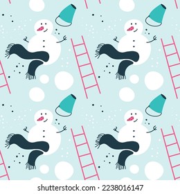 Seamless pattern with snowmen with fluttering scarves. Spheres for modeling snowmen and elements for decorating them. Ladder for work at height. Illustration in flat cartoon style for print.