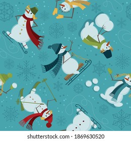 Seamless pattern with Snowmen. Funny Snowmen play winter games: skiing, ice skating, sculpting a snowman.Winter background for fabric, textile, wallpaper, posters, gift wrapping and paper, napkins.