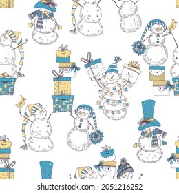 Seamless pattern with  Snowmen and gift boxes on white. Festive background. Vector. Perfect for invitations, postcards, wallpaper, wrapping and textile.