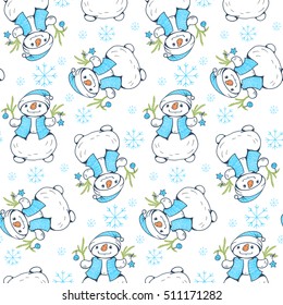 Seamless pattern with snowmen.   Hand-drawn illustration. Vector.  