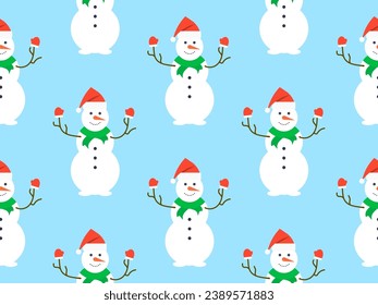 Seamless pattern with snowmen in a hat, scarf and mittens. Winter Christmas background with three-ball snowman. Xmas design for wrapping paper, banners and promotional items. Vector illustration