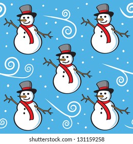 A seamless pattern of snowmen with hats and scarves surrounded by wind and snow.