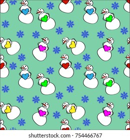 Seamless pattern of snowmen with a heart  and snowflakes