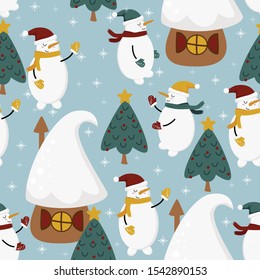 seamless pattern with snowmen and houses - vector illustration, eps