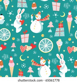 seamless pattern of snowmen and ice cream and rabbits