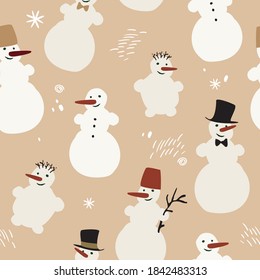 Seamless pattern with snowmen isolated on beige. Vintage background for wrapping paper, textiles, Wallpaper. Collection of decorative cartoon snowmen in simple Scandinavian style. Vector illustration.