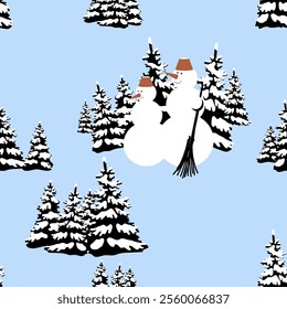 Seamless pattern with snowmen on the background of a beautiful snowy spruce forest. Christmas gift wrapping, fabrics, textiles and wallpapers. Vector illustration