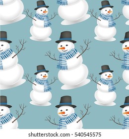 Seamless pattern of snowmen on a blu background