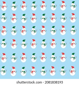Seamless pattern with snowmen on light blue background. Endless vector illustration for Christmas and Happy new year