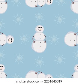 Seamless pattern with snowmen on light blue background with snowflakes. Vector illustration. Fabric print.