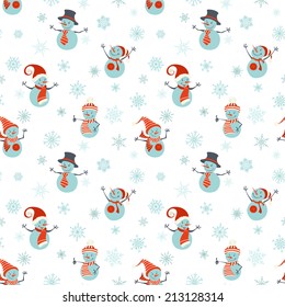 Seamless pattern of snowmen on white background. Vector texture for your festive design.