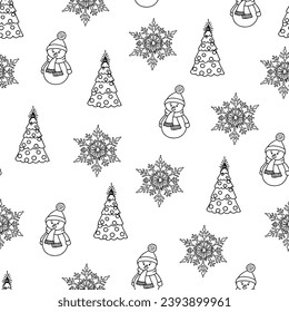 Nahtloses Muster mit Schneemännern auf weißem Hintergrund. Vektordoodle-Illustration. Weihnachten oder Neujahr Hintergrund.