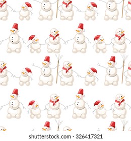 Seamless pattern with  snowmen on white. Endless texture for design, announcements, postcards, posters.