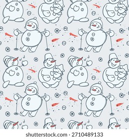 Um padrão perfeito com bonecos de neve. Um está cantando, o outro está esquiando, e o terceiro está segurando uma árvore de Natal. Círculos e cenouras são representados no fundo