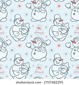 Um padrão perfeito com bonecos de neve. Um boneco de neve tem um balde na cabeça e uma árvore de Natal, e o outro está usando um chapéu. As estrelas aparecem no plano de fundo