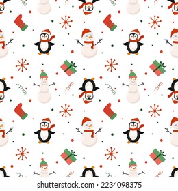 Seamless pattern with snowmen, penguin, snowflakes. Vector design on Christmas theme for textile, fabric, gift wrapping, packaging and web background.